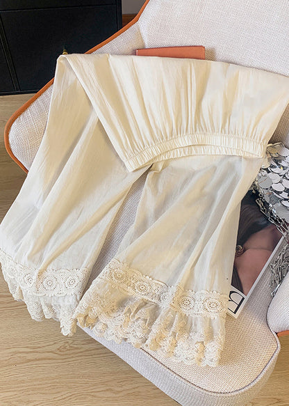 Summer Straight Lace Pants Beige Unique Patchwork Waist Elastic