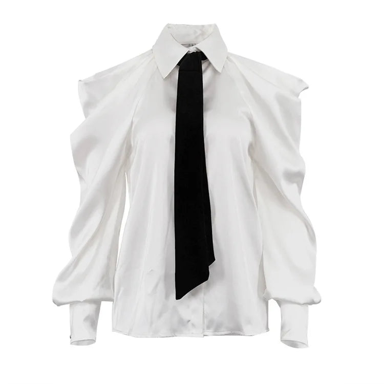 Satin Off Tie Top Sleeve Party Long Shoulder Lapel White with