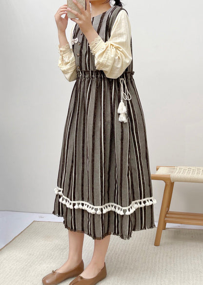 New Striped Ruffled Pockets Lace Up Cotton Dress Sleeveless NN029