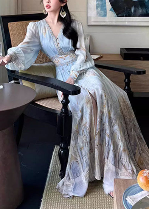 Maxi Chiffon Print Dresses Waist Blue Stylish V Spring High Neck