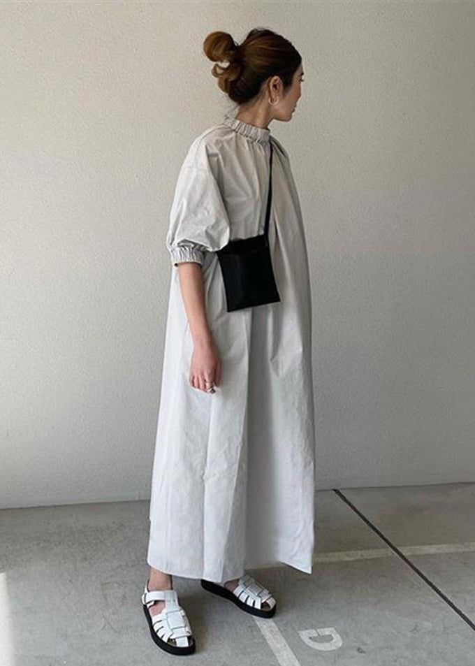 Navy Back Zippered Dress Half Women Cotton Maxi Sleeve