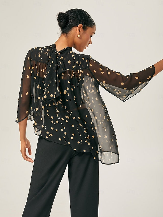 Black-Yellow Dot Asymmetric Chiffon Blouse