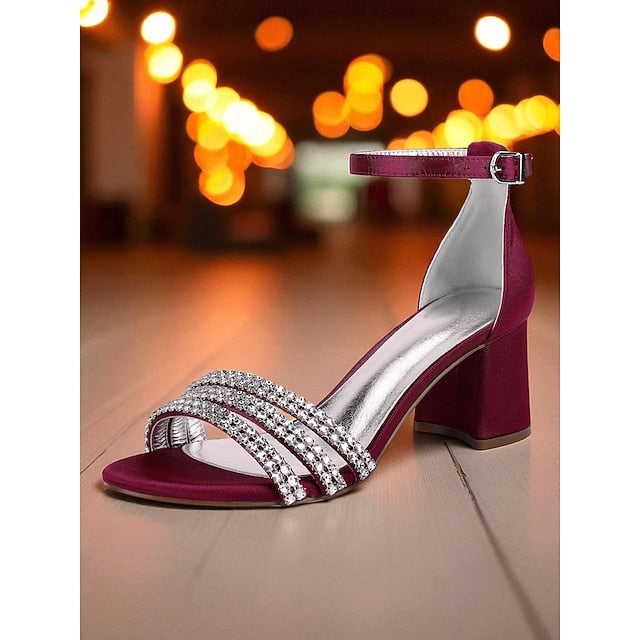 Purple Block with Sandals Rhinestone Heel Women's Satin