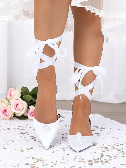 Satin Toe Embellished Pearl - Flats Pointed Women's Navy