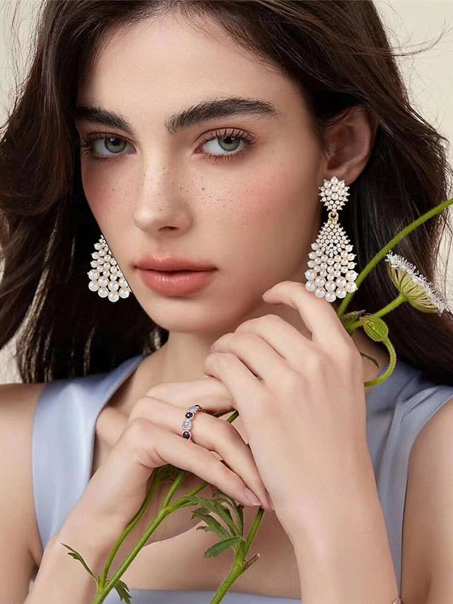 Rhinestone – Faux Elegant Drop Earrings Pearl Vintage and