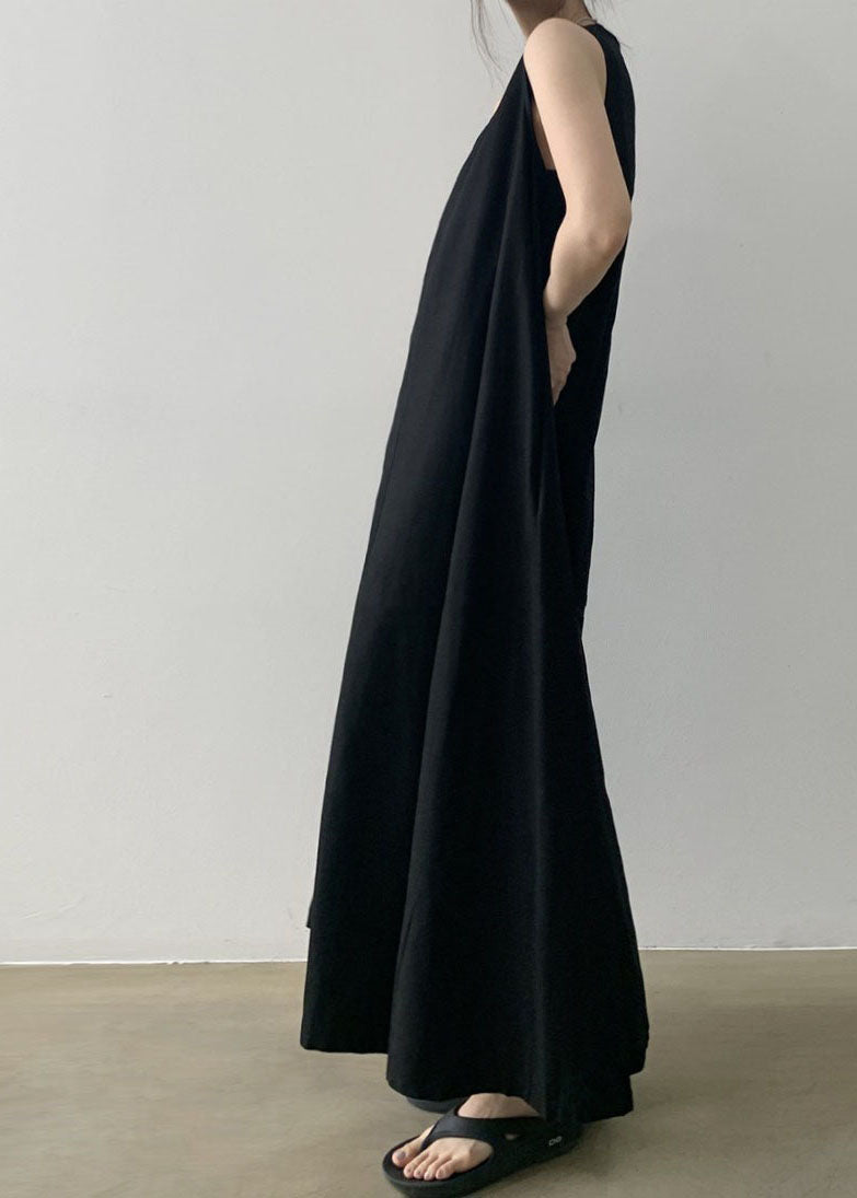 Black Sleeveless Robe O-Neck Cotton Dresses