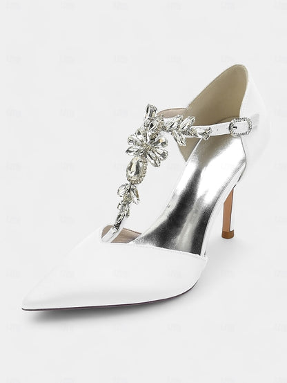 T-Strap – Toe Heels Blue Women's Navy Pointed Satin