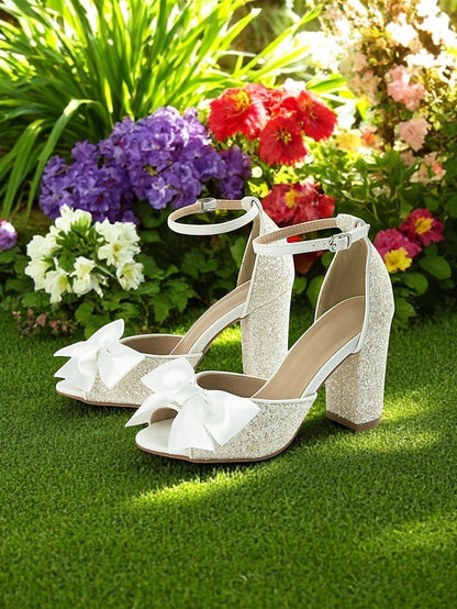 with Glitter Heel Ankle Block White Women's Wedding Sandals