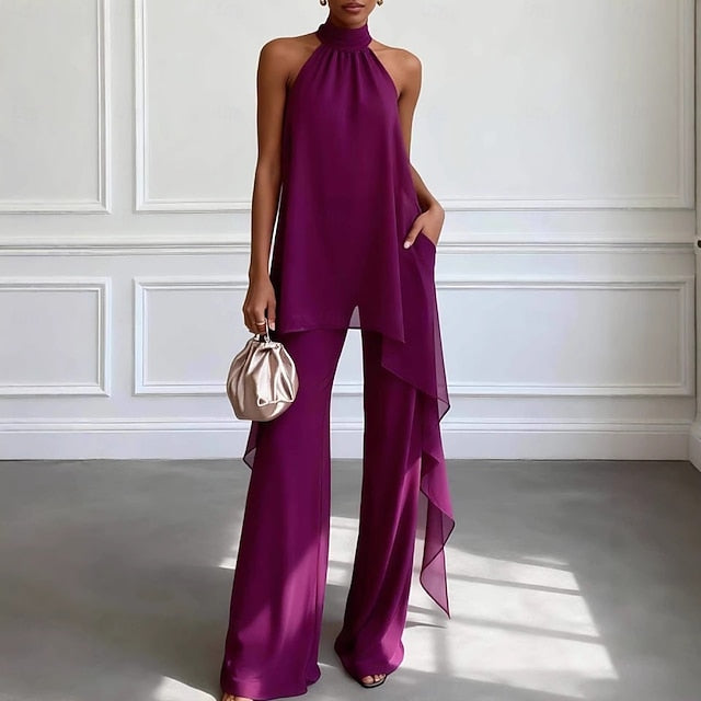 Women's Chiffon Sleeveless Halter Neck Solid Color Elegant