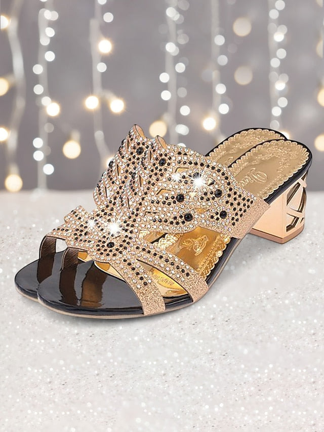 and Heeled Sandals Rhinestone Gold Embellished - Green
