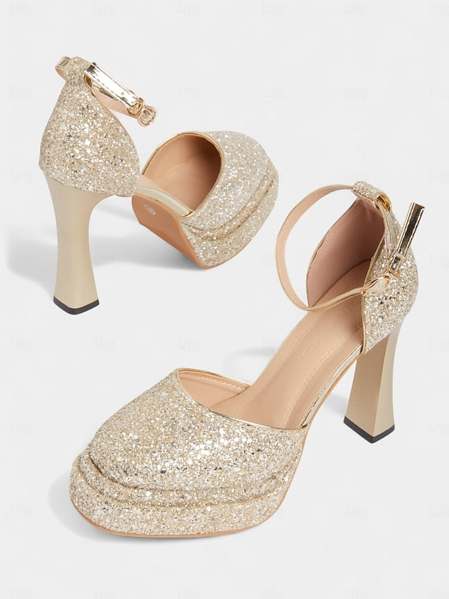 Glitter Heels Platform Gold Women's High