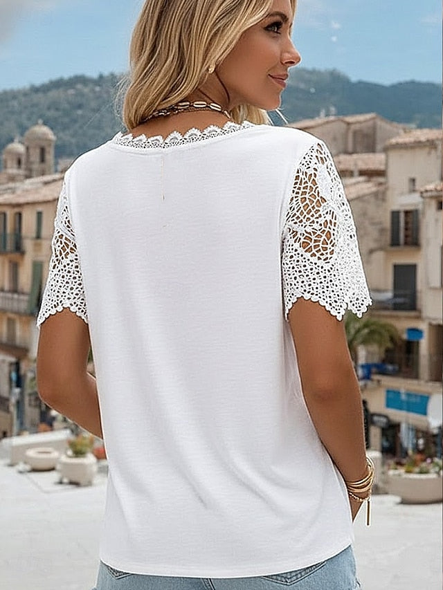 Women's T Shirt Lace T-shirt Tee Top Lace Plain Fashion