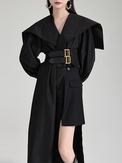 Pleated Black Asymmetric Lapel Waisted Long High Modern Belted