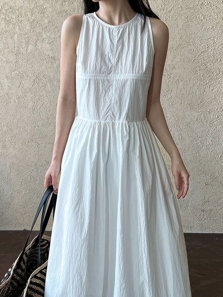 Patchwork O-neck Dress Simple Sleeveless Blue Puff Hem