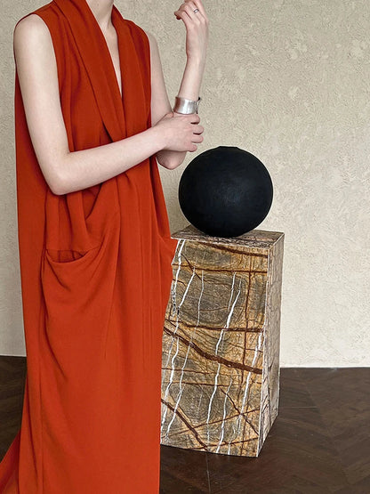 Pockets with Draped Sleeveless Dress Elegant Midi