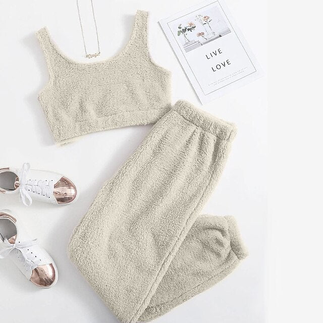 Solid Fuzzy Lounge Set Warm Tank Crop Top & Elastic