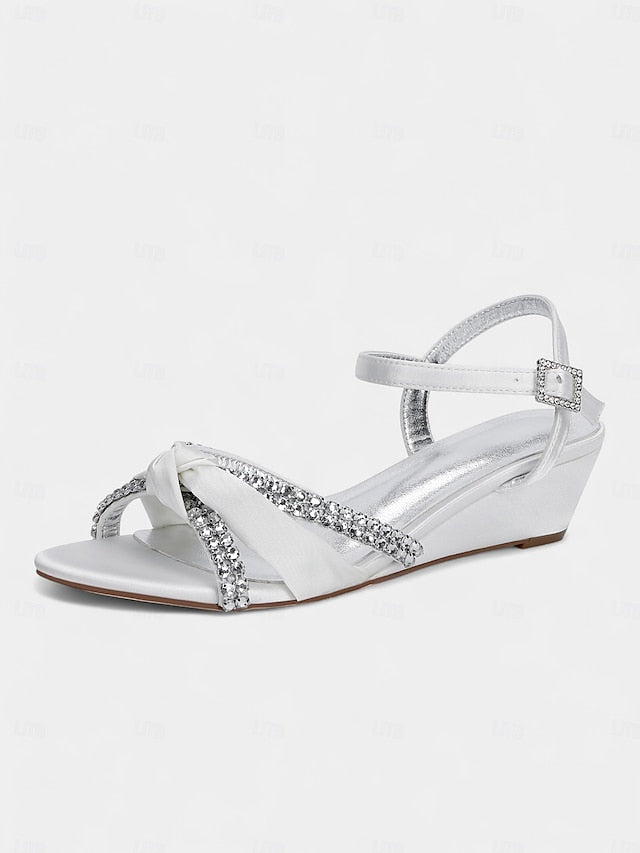 Satin Wedge Women's Sandals Knot Rhinestone Green