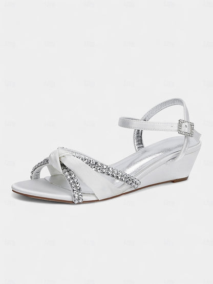 Satin Wedge Women's Sandals Knot Rhinestone Green