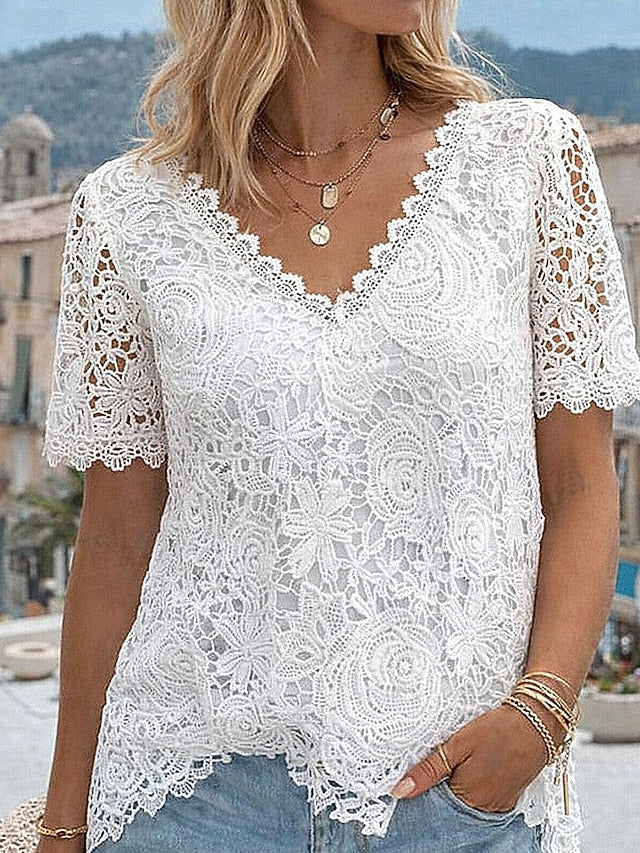Women's Tee T Top Plain Lace T-shirt Shirt Elegant