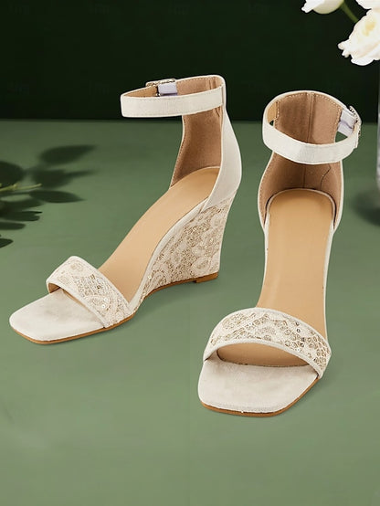 Sandals Stylish Strap for Women White Heel Lace Ankle Wedge –
