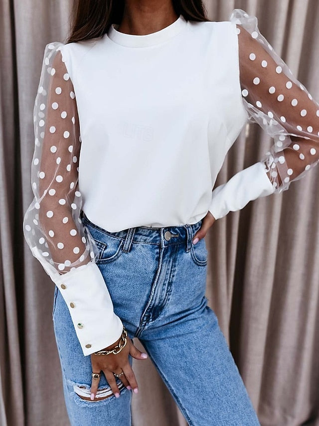 Women's Blouse Patchwork Mesh Polka Dot Active Stylish Long
