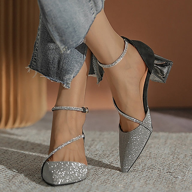 Pointed Ankle Block Toe Women's Heels Mesh Glitter with