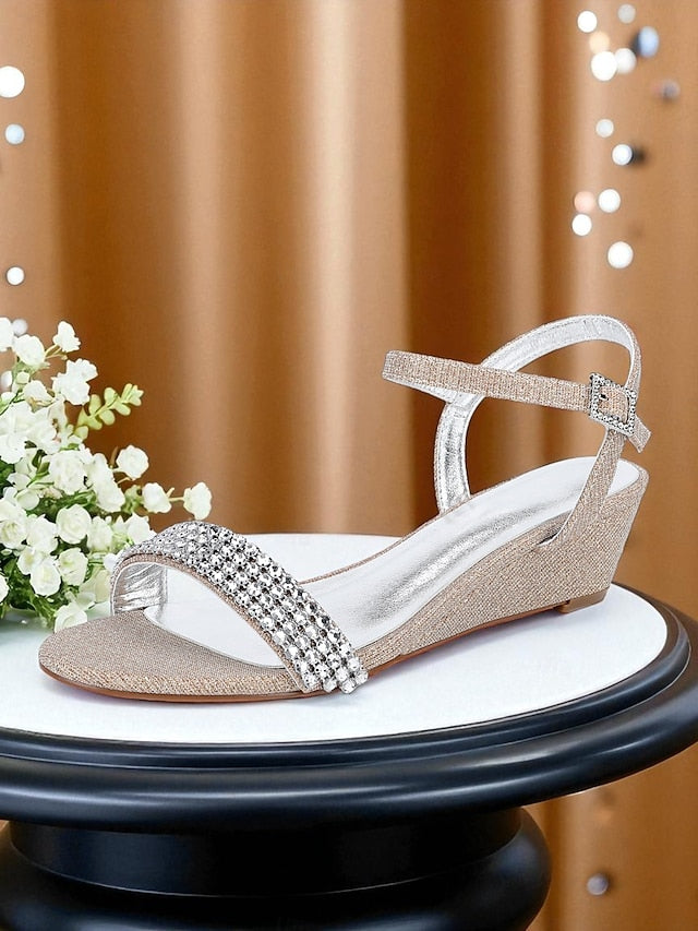 Rhinestone Sandals Toe Open Champagne Wedge Women's -