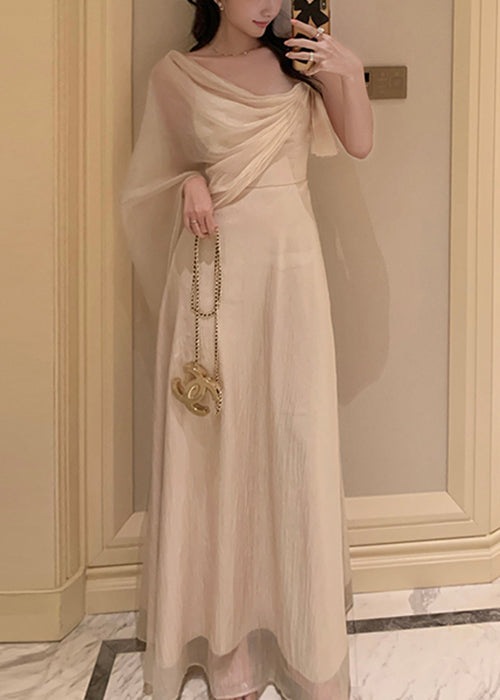 Summer Silk Solid Asymmetrical Apricot Maxi Dresses Elegant