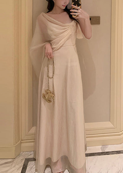 Summer Silk Solid Asymmetrical Apricot Maxi Dresses Elegant