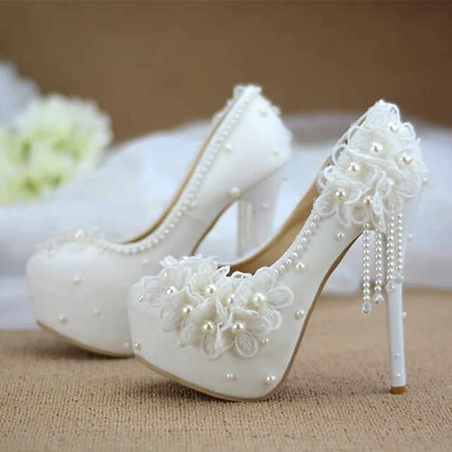 Lace Heels Platform with White Floral Women's Wedding