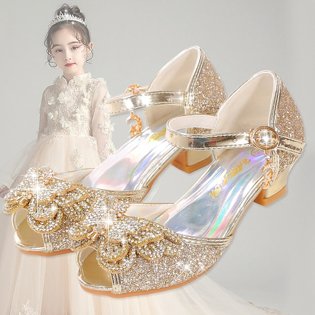 Princess – Girls' Silver Shoes Bowknot Sparkly Glitter