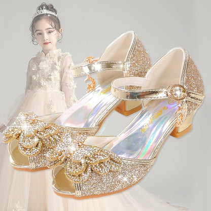 Princess – Girls' Silver Shoes Bowknot Sparkly Glitter
