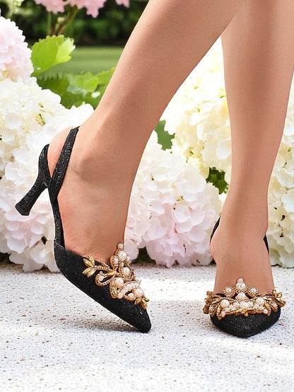 - Slingback Detailing Satin Pearl Women's Heels with Black