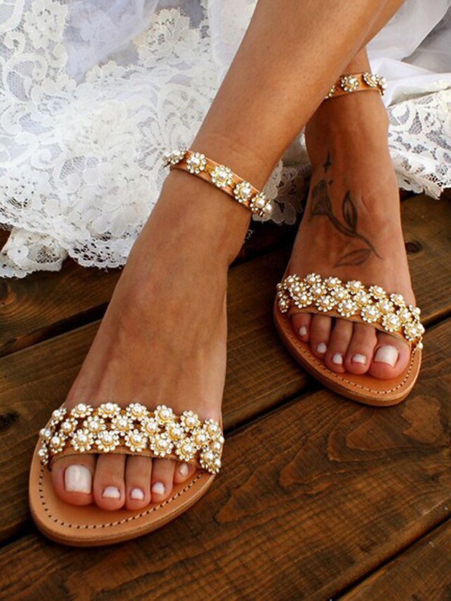 Straps Floral Ankle Flat Boho for Sandals Beaded with Chic