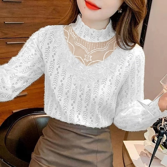 Women's Shirt Lace Shirt Blouse Illusion Lace Plain Stylish