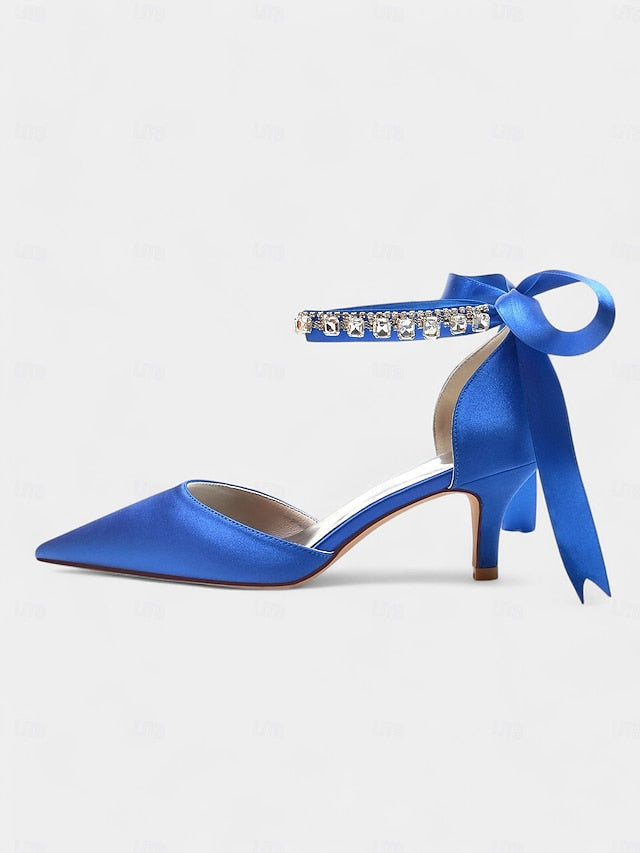 with Rhinestone Satin Ankle and Heels Pointed-Kitten Blue Strap