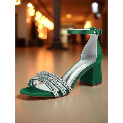 Block with Purple Rhinestone Sandals Satin Women's Heel