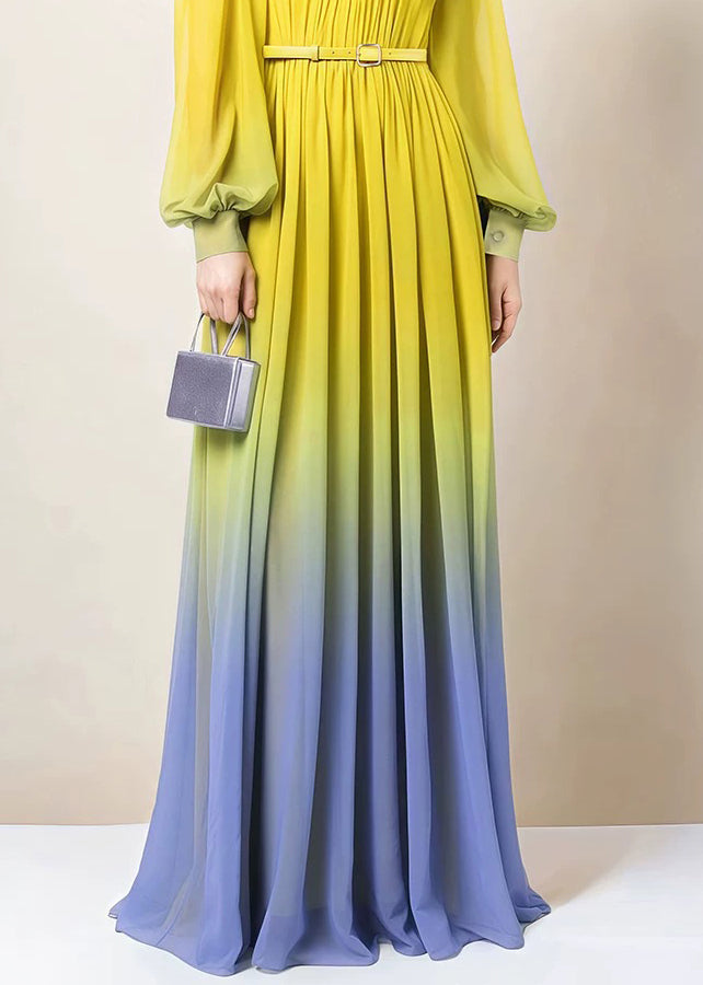 Dress Fall Button Chiffon Gradient Wrinkled Color Ankle Italian