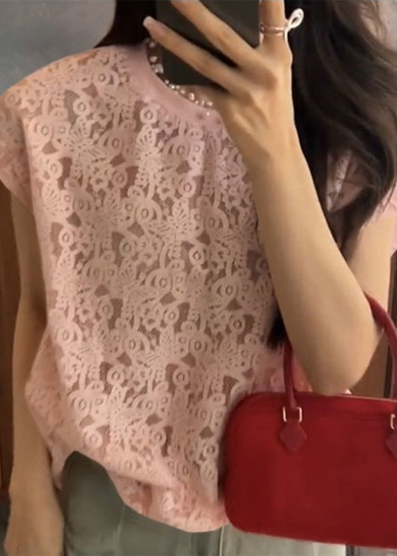 Boho Orange O Neck Hollow Out Lace T Shirt Summer EE060