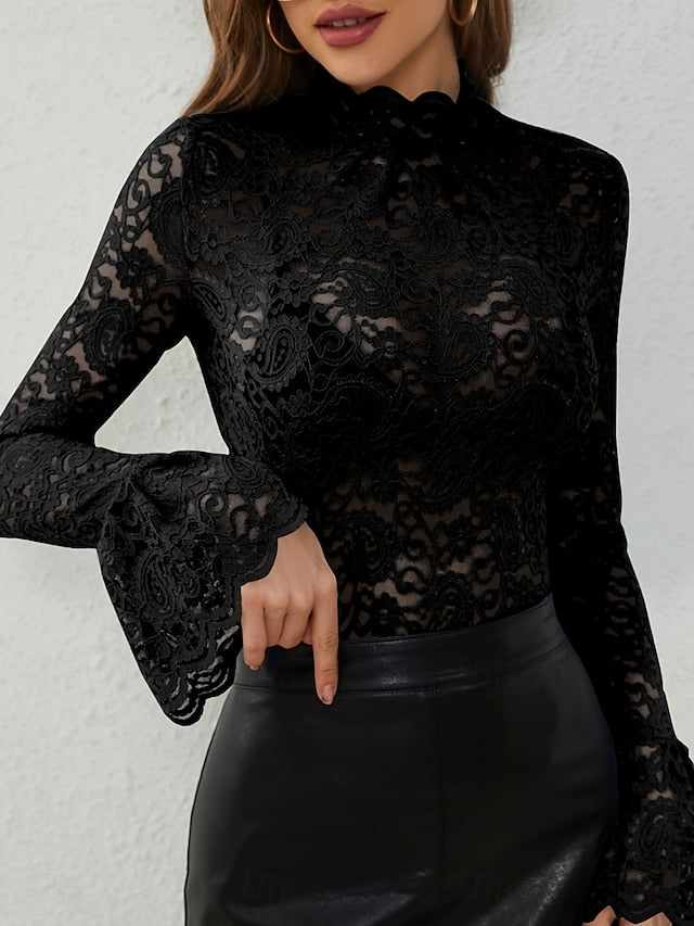 Women's Lace Shirt Blouse Lace Patchwork Solid Color