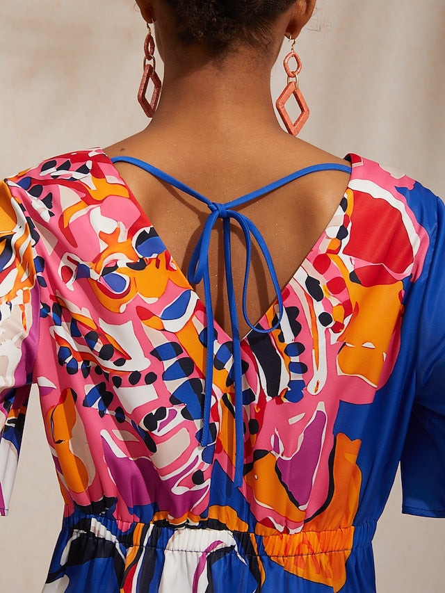 Vacation Artistic Floral Fitted Waist Satin Mini Dress