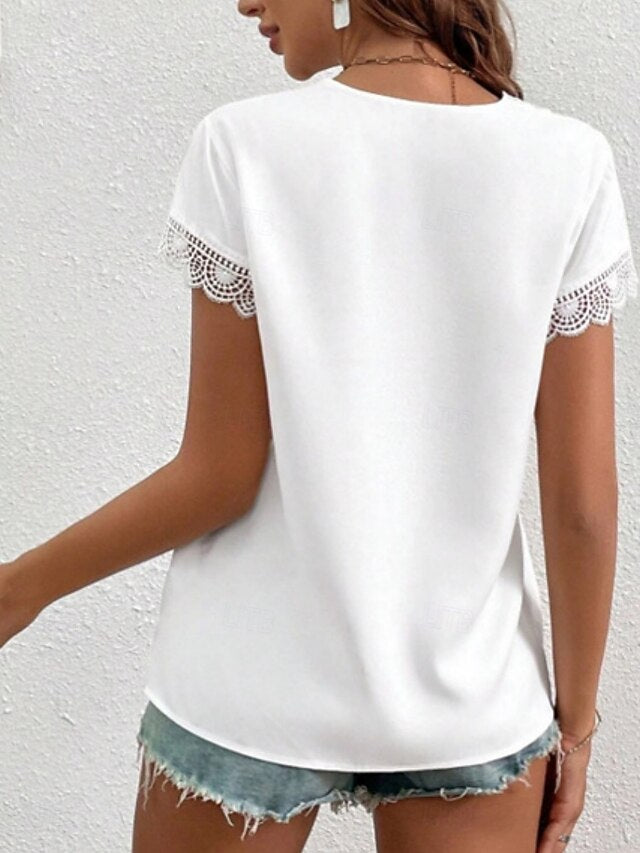 Women's T Shirt Lace T-shirt Tee Top Lace Patchwork Plain