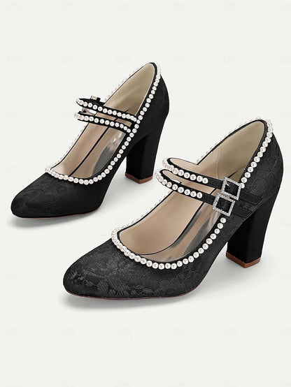 Heels Mary Jane Purple Pearl Lace - Women's Embellished