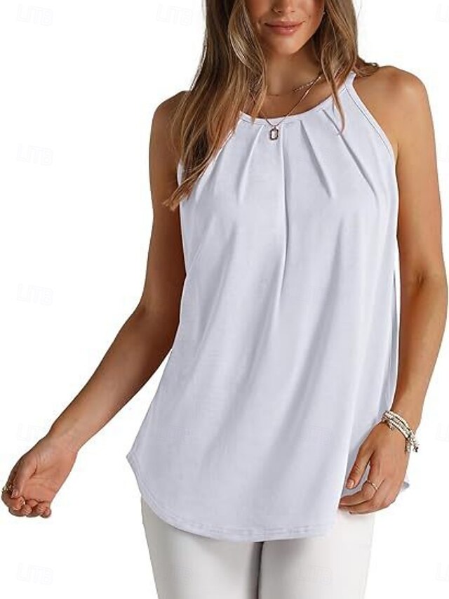 Women's Tank Top Sleeveless Shirt Tee Top Pleats Solid