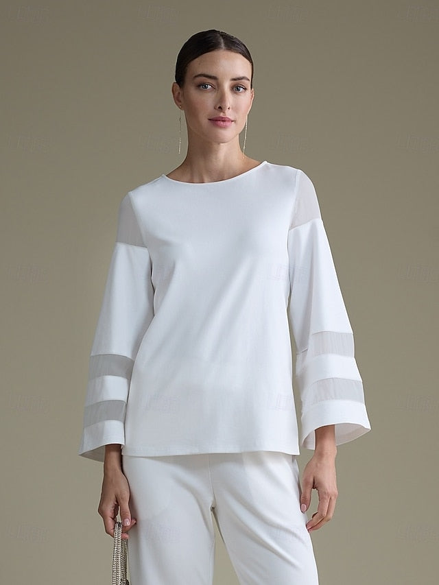 Women's Elegant White Modal Top Fitted with Sheer Chiffon