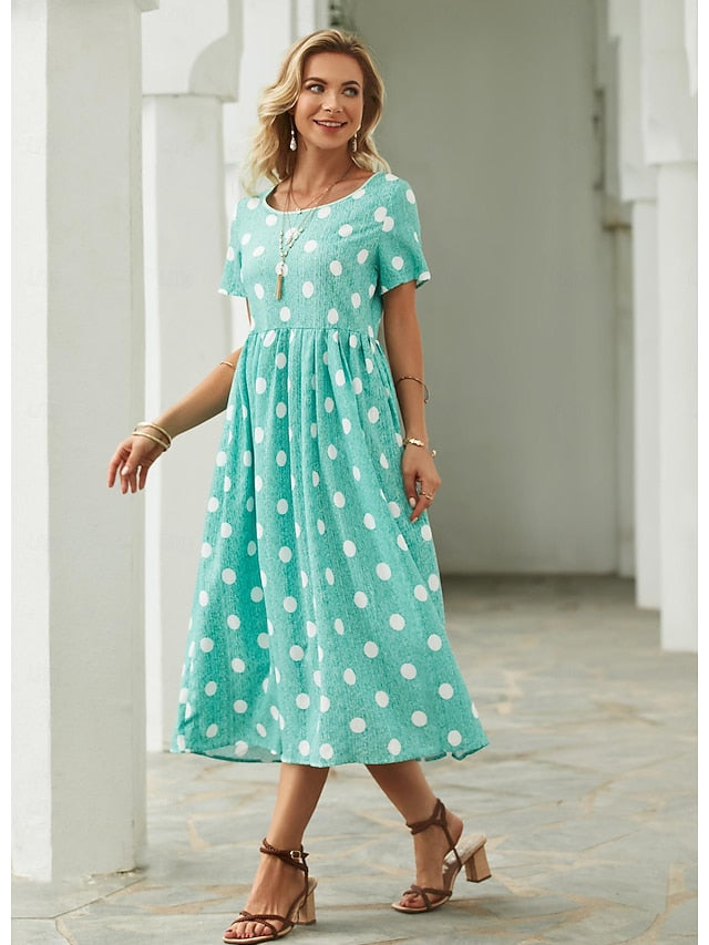 Women's Midi Dress Floral Polka Dot Pocket Print Crew Neck
