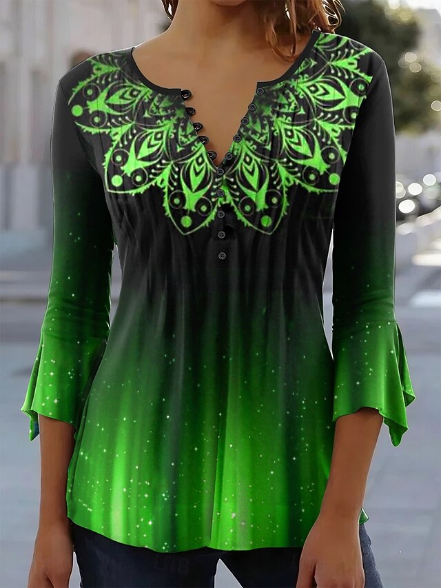Women's Blouse Ruffle Buttons Graphic Abstract Elegant 3/4