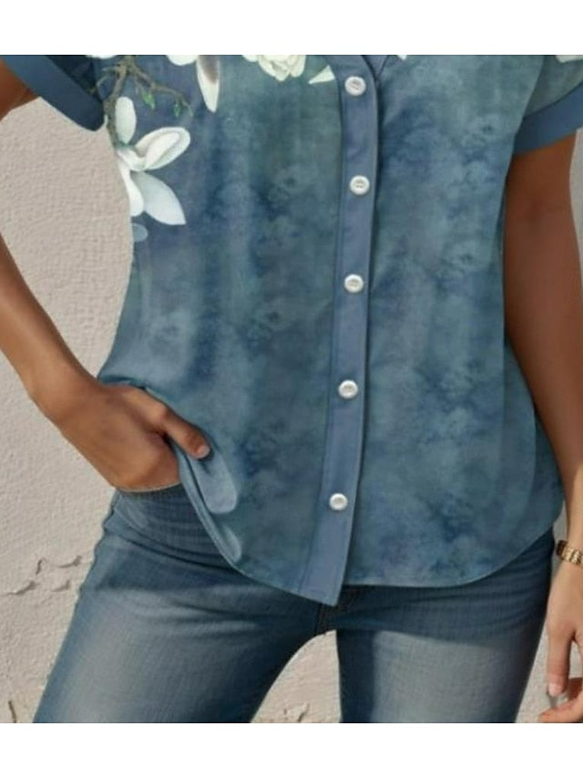 Women's Shirt V Neck Button Down Blouse Floral Graphic