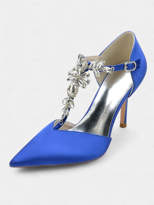 Blue Navy Women's Toe T-Strap Satin – Pointed Heels