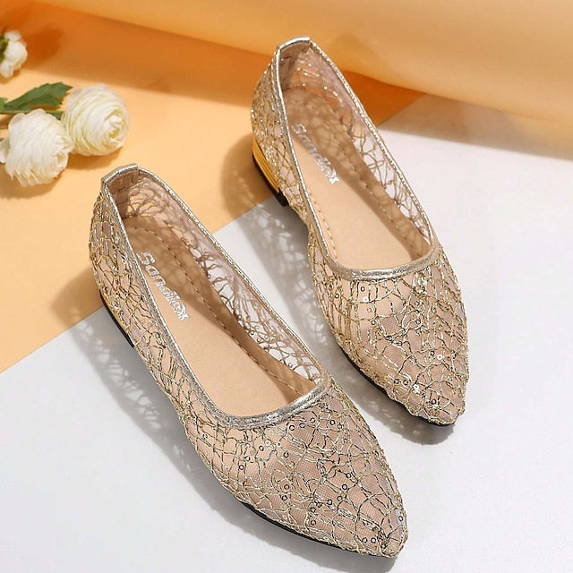 Women's Silver Flats Ballet – Elegant Mesh Sequin